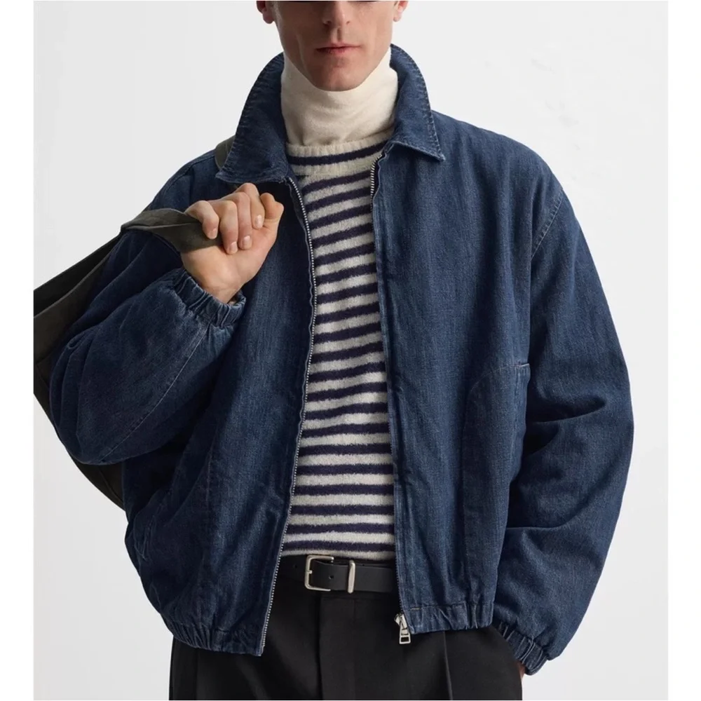 Zara Men’s Quilted Denim Bomber Jacket Blue NWT_4